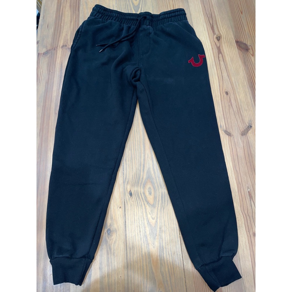True Religion Mens Black Fleece Joggers Red Velvet Horseshoe Logo Small